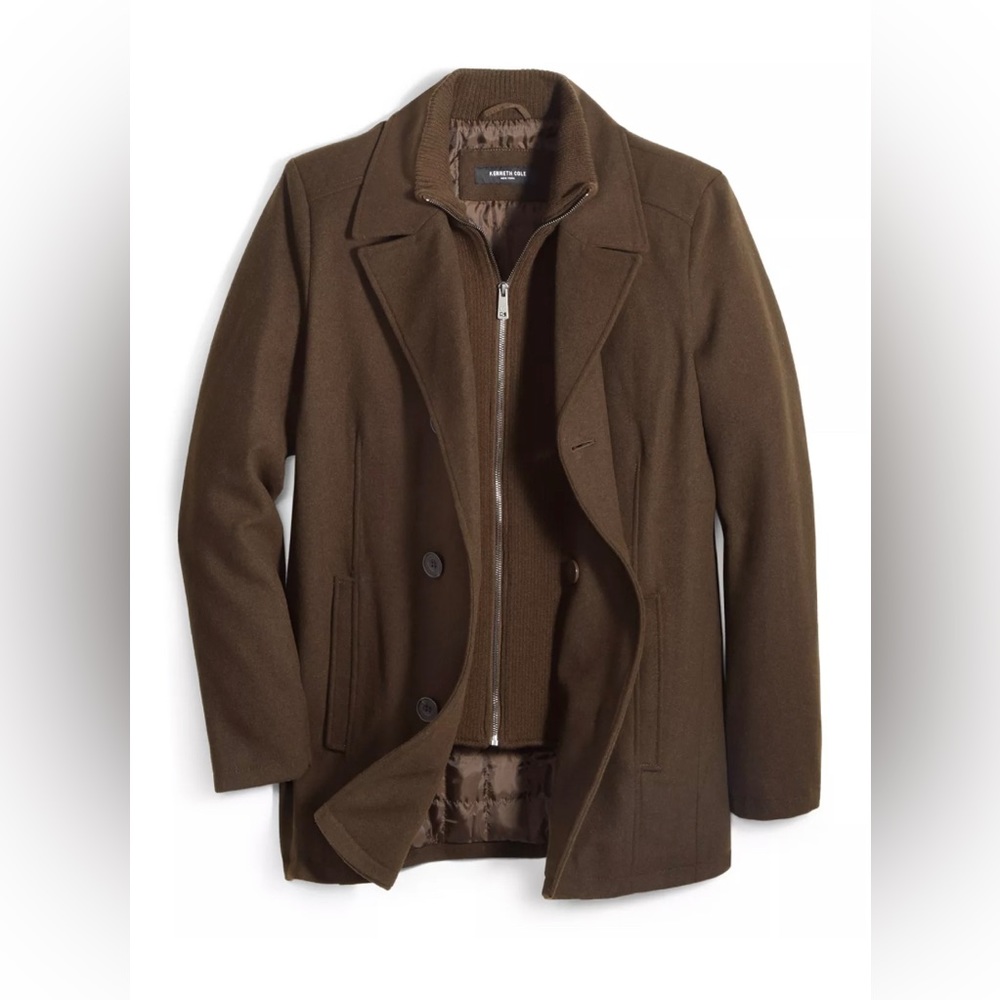 Kenneth Cole Men's Double Breasted Wool Blend Peacoat with Bib